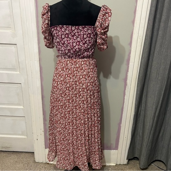 Anthropologie En Saison Red Ditzsy Midi Dress Sz XS Floral Chiffon Pleated Skirt - Picture 8 of 14